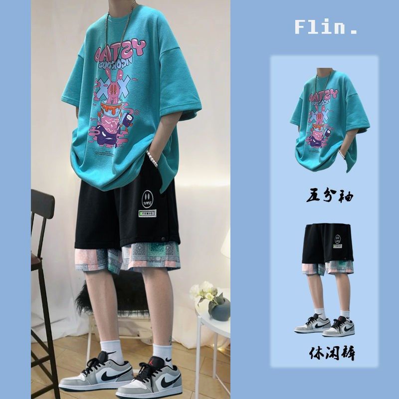 Bộ Đồ Thể Thao Áo Thun Tay Ngắn Dáng Rộng Phối Quần Short Kiểu Hồng Kông Thời Trang Mùa Hè Cho Nam