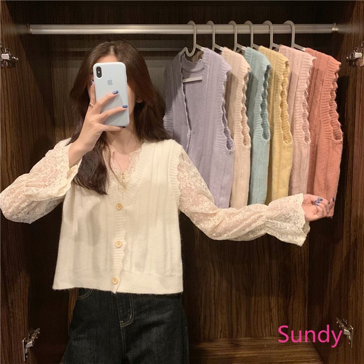 Áo Dệt Kim Sát Nách Cổ Chữ V Phối Ren Thời Trang Mùa Thu Hàn Quốc Cho Bé Gái | BigBuy360 - bigbuy360.vn