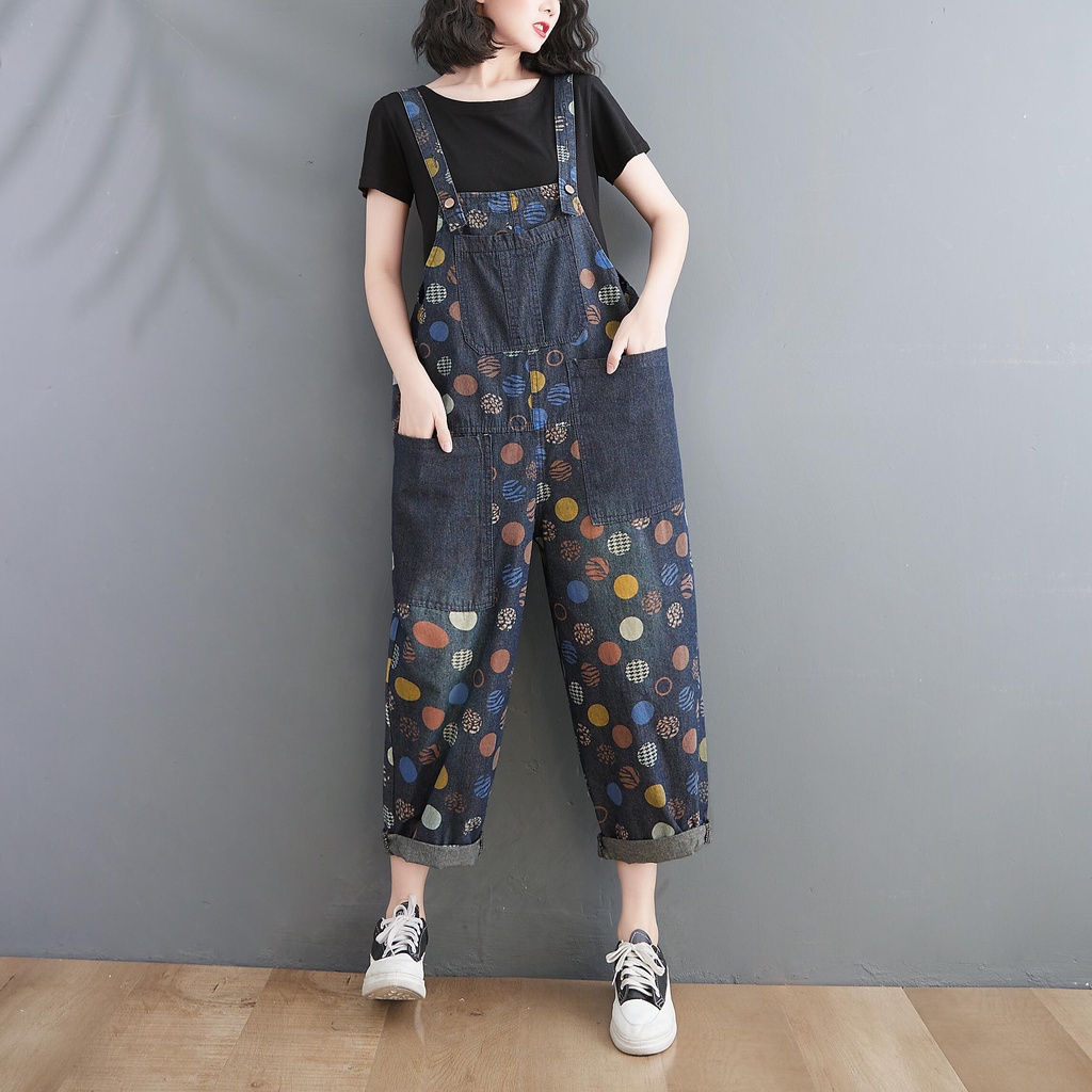 Quần Yếm Jean baggy Ngoại Cỡ [Mặc Đi Chơi Túi Lớn In Chấm Bi Thời Trang Cho Nữ