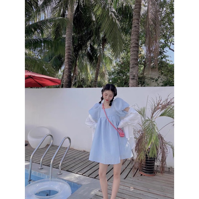 [Có ảnh thật ]Đầm babydoll tay phồng BLUE SKY DRESS xinh xắn phong cách ulzzang Sam sam Boutique