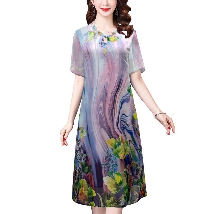 [M-&gt;4XL] THỜI TRANG TRUNG NIÊN-ĐẦM VOAN 2 LỚP KIỂU ĐẦM SUÔNG  CỔ TRÒN IN HOA SEN 3220 3226 3244 3313 3309 3341 3343