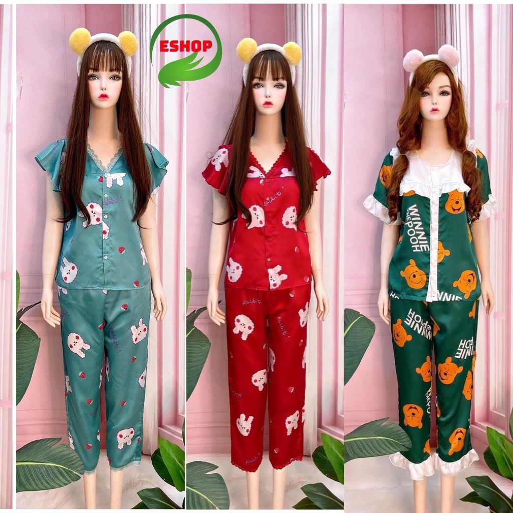Đồ pijama nữ lụa cao cấp đồ bộ lụa satin pyjama cổ bèo kẻ caro giá rẻ quần lửng trơn cute dễ thương  ESOP - LATIN01