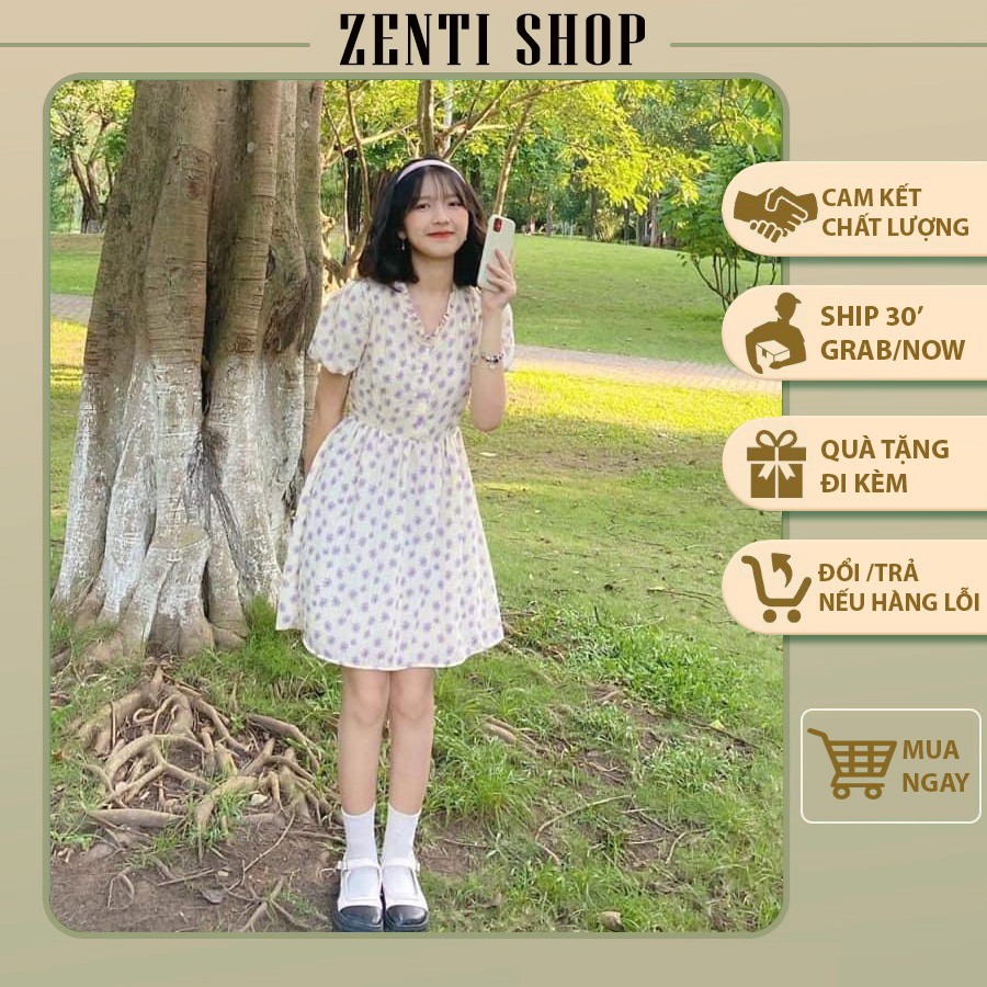 [Quà tặng là gói xả vải tặng kèm nha] Đầm nữ 👗FREESHIP👗 Váy babydoll vintage cúc ngực hoa tím nền trắng dễ thương
