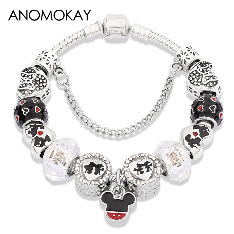 Vòng đeo tay kết hạt họa tiết trái tim chuột Mickey Minnie đơn giản thời trang dành cho nữ