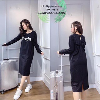 Váy suông dài tay xoắn lưng in chữ dài tay dáng dài alright chất cotton