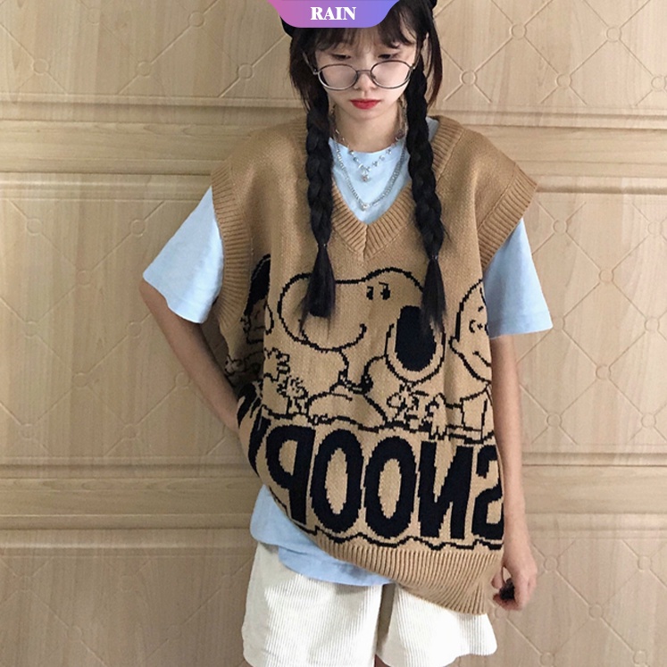 Áo Sweater Sát Nách Cổ Chữ V Dáng Rộng In Hình Nhân Vật Hoạt Hình Snoopy Đáng Yêu Cho Nữ