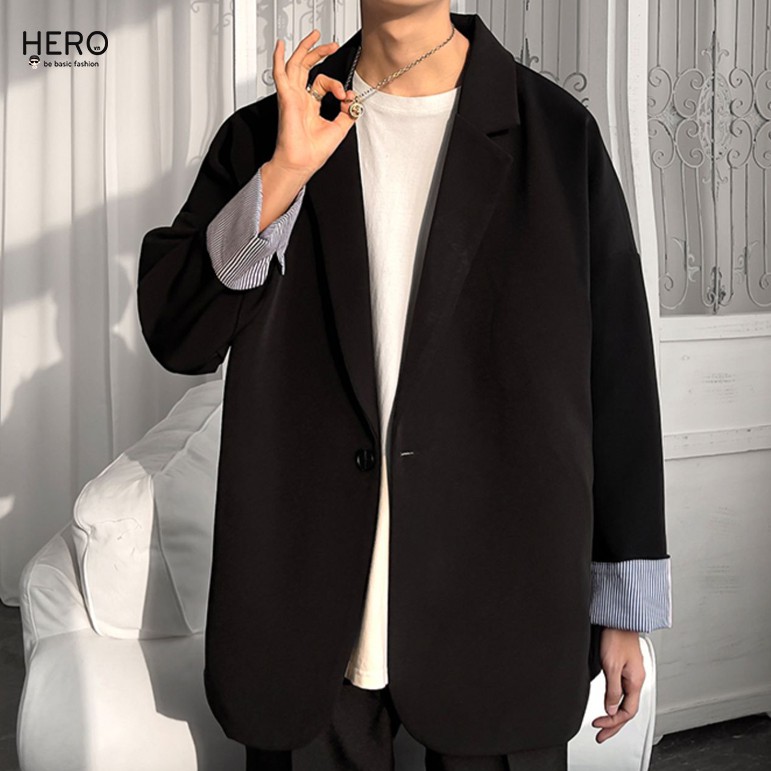 Áo Blazer Hàn Quốc Form Dáng Rộng Tay Dài Phối Tay Kẻ Sọc Áo Vest Blazer Thanh Lịch MrHERO BZ12