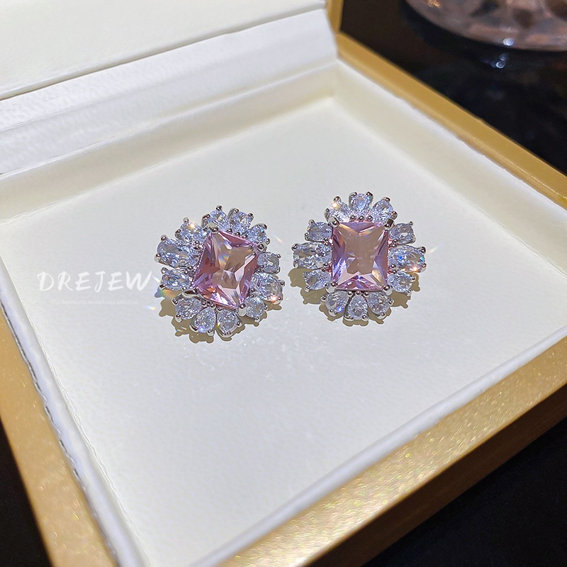 DREJEW Khuyên tai mạ bạc hình hoa đính đá zircon sang trọng thời trang cao cấp