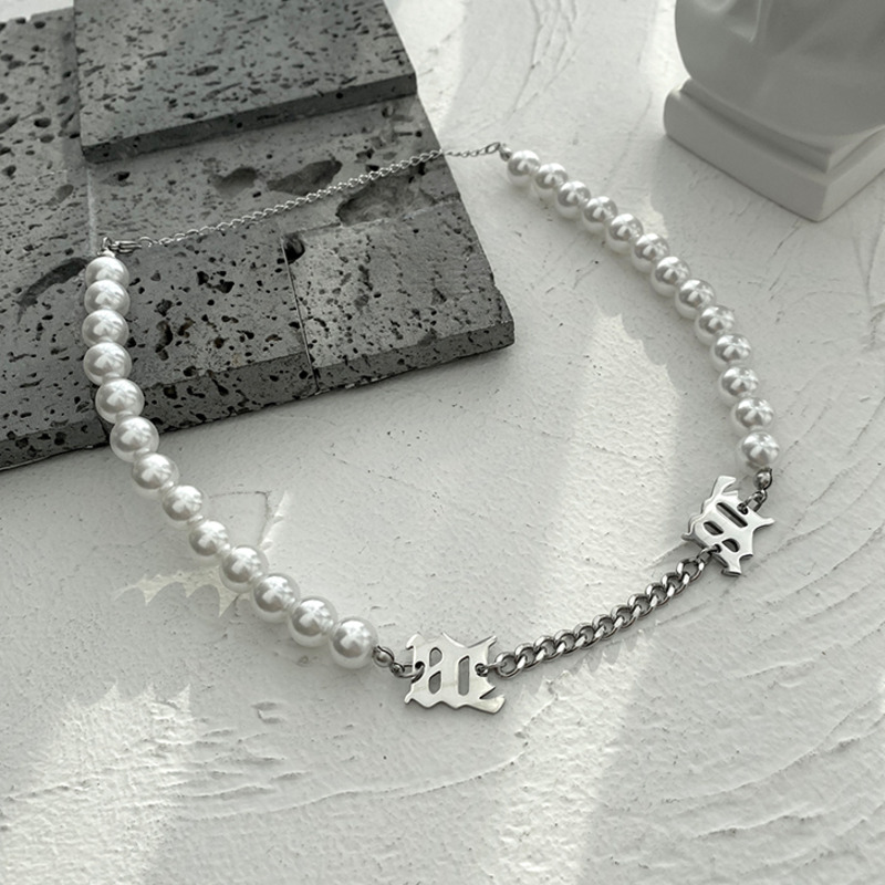 Dây chuyền kiểu ngắn mẫu 19169 đính ngọc trai phong cách hip hop đường phố thời trang dành cho cặp đôi