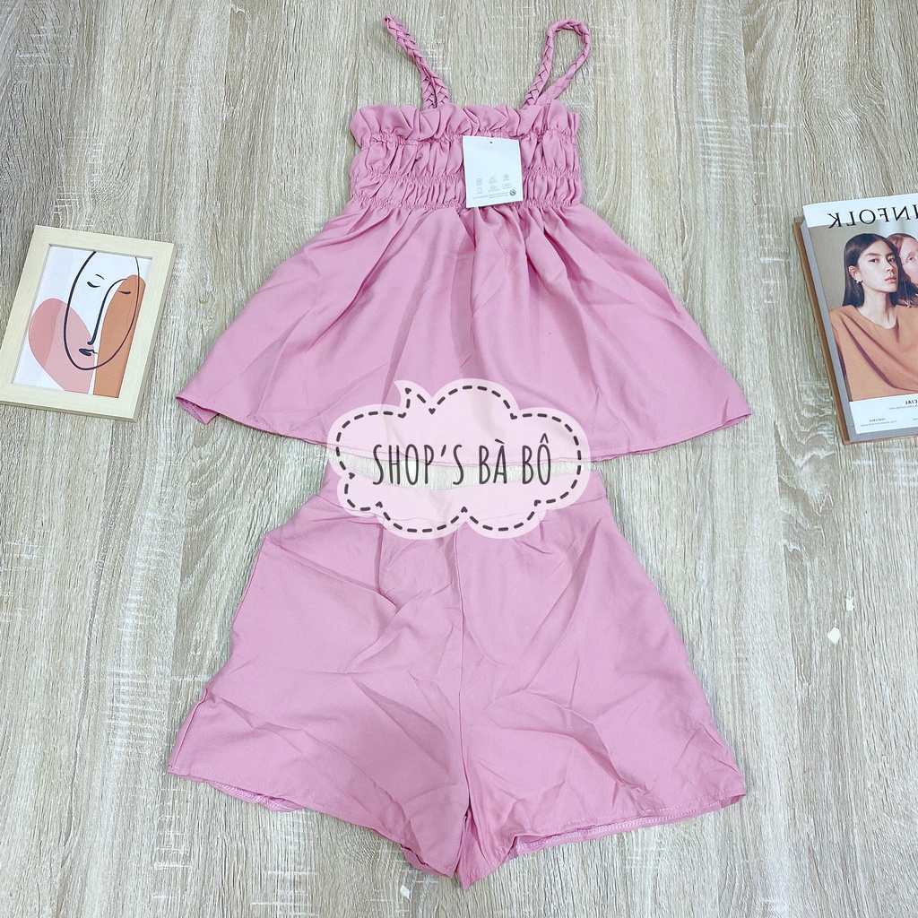 Set hai dây đan, vải cotton cho nữ mặc nhà, mặc đi chơi, áo hai dây, form babydoll, áo nhún ở phần ngực, quần short có t