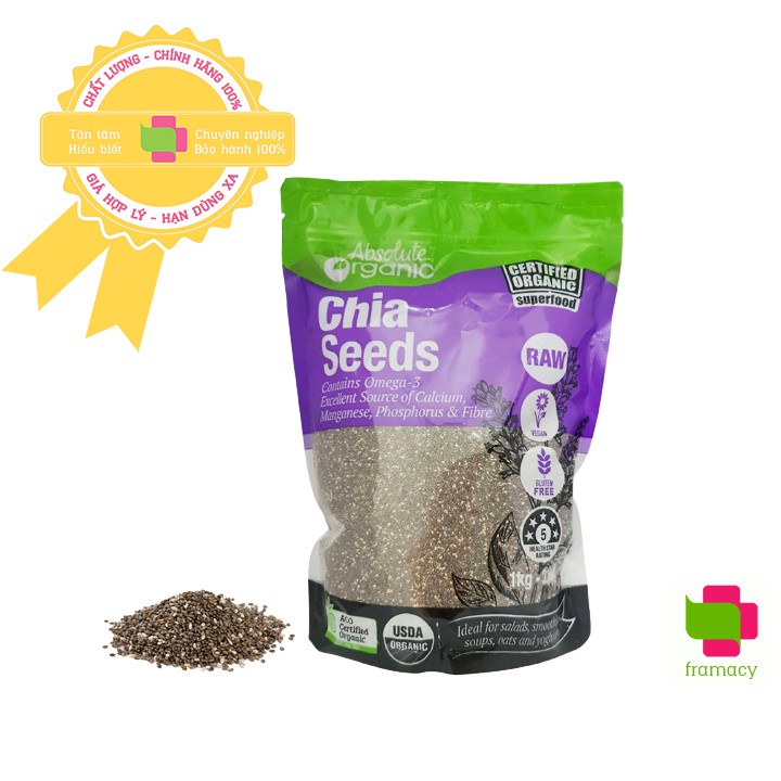 Hạt chia hữu cơ Absolute Organic Chia Seeds, Úc (1kg) hỗ trợ làm đẹp, da mịn màng, khỏe mạnh cho mọi lứa tuổi