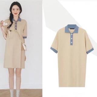 Váy polo nữ dáng suông màu be phối cổ xanh - Đầm thun phối cổ sơ mi chất cotton mềm mịn freesize dưới 65kg