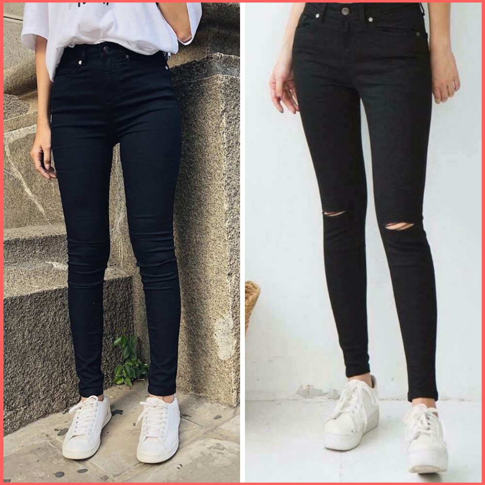 [ Clip + Hình Thật ] Quần Bò Nữ Đen Trơn Rách Gối - Quần Jeans - Thời Trang Nữ - Tashop