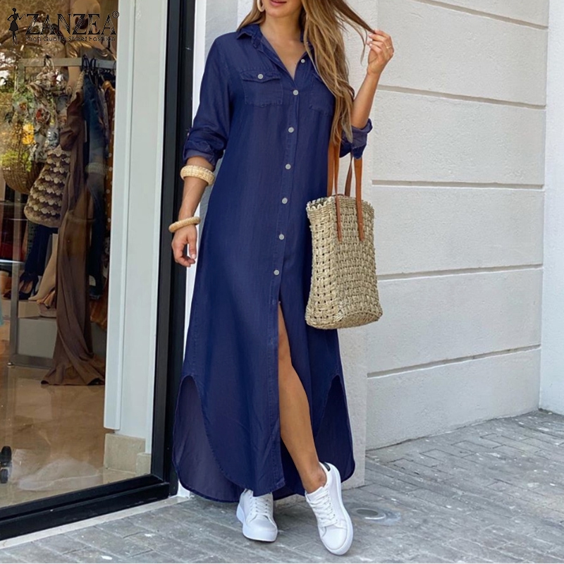 Đầm maxi ZANZEA dài màu denim có cúc thời trang cho nữ