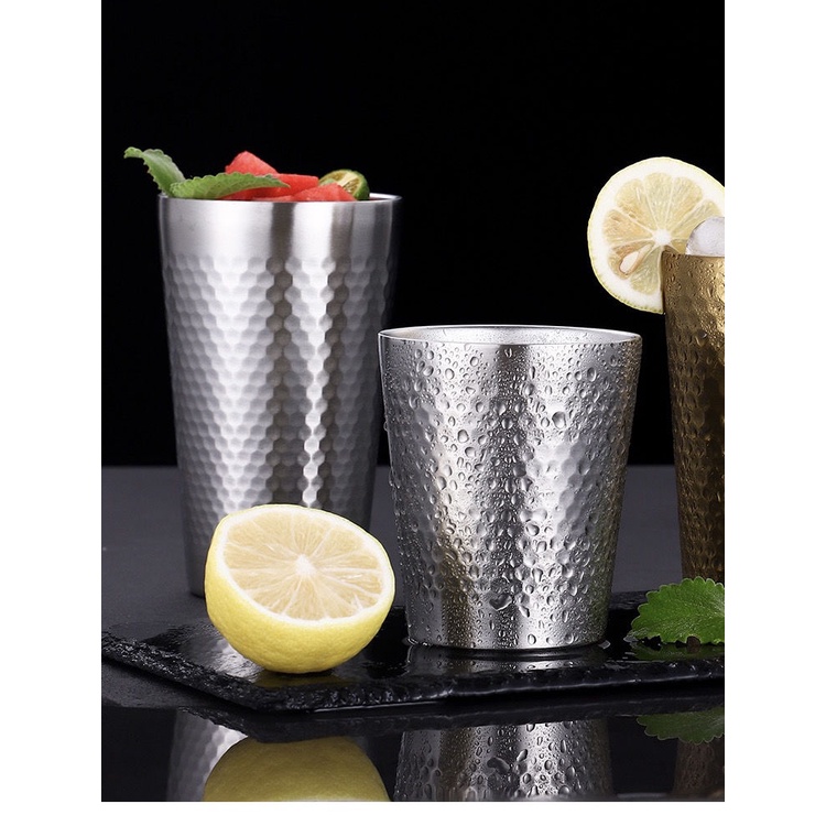 Cốc Uống Bia/Nước Ép Bằng Thép Không Gỉ 304 Họa Tiết Kim Cương Hai Lớp Màu Vàng Đồng Phong Cách Hàn Quốc Dùng Trong Nhà Hàng