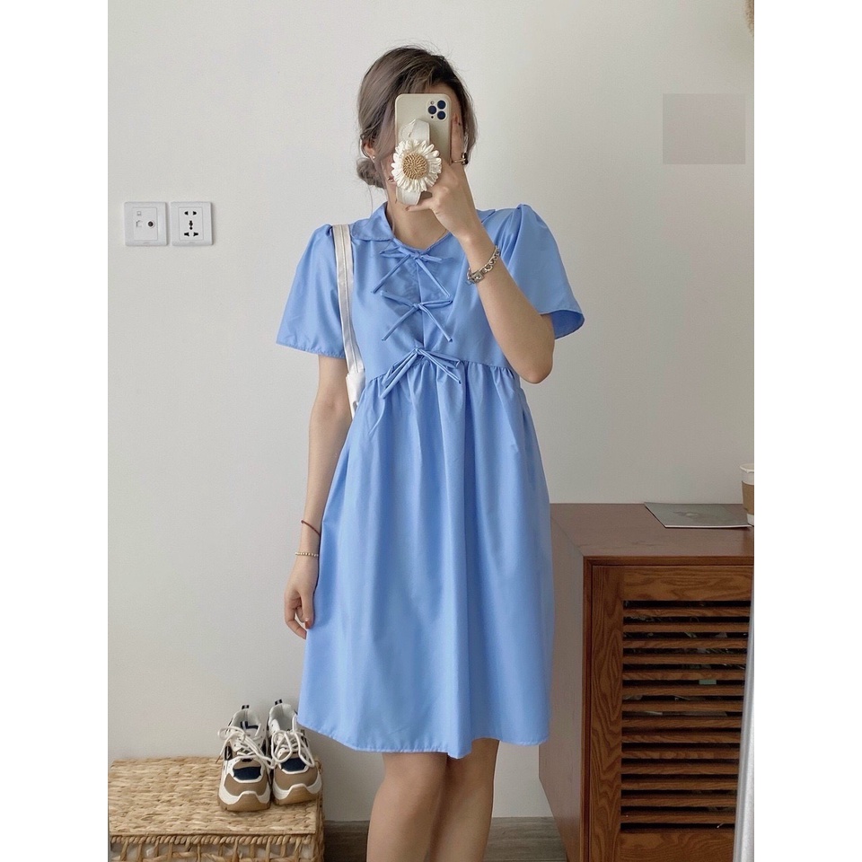 [RẺ VÔ ĐỊCH]  Váy Babydoll Xanh 3 Nơ - Váy cộc tay dáng xòe tiểu thư phong cách hàn quốc