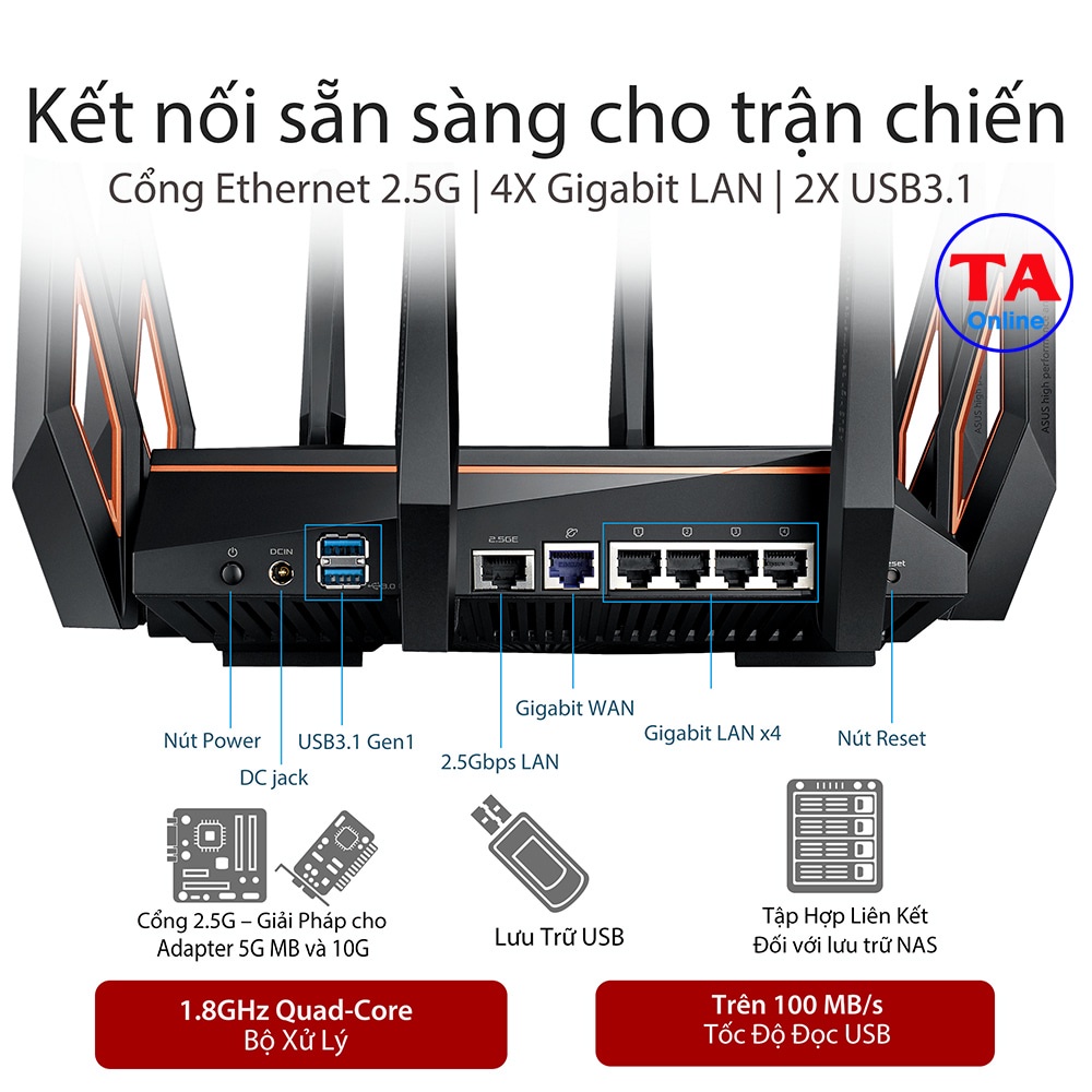 WiFi ASUS GT AX11000 Bộ phát ROG RAPTURE Ba băng tần Chuẩn AX tốc độ 11000Mbps Chuyên dành cho Gaming