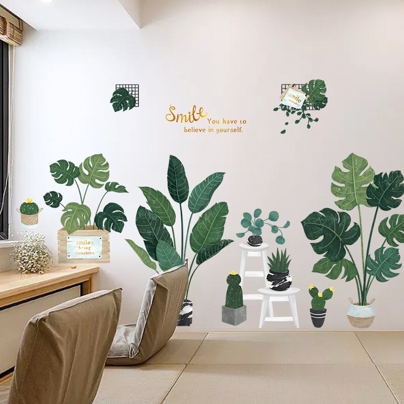 Decal dán tường chậu cây xanh cỡ lớn, sẵn keo dán