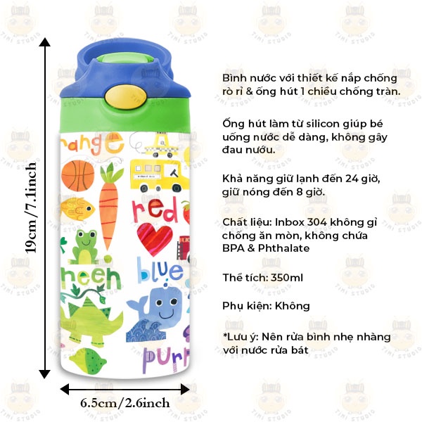 Bình Uống Nước Giữ Nhiệt Cho Bé Có Ống Hút Hình Các Bài Học Tiếng Anh Cho Bé - Tỉ Mỉ Studio - Mã 0509KT