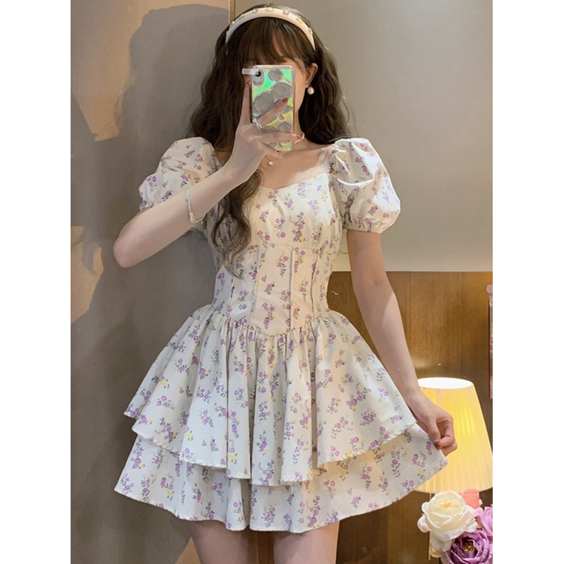 Đầm hoa ZHELIHANGFEI ngắn tay phong cách thời trang xinh xắn dành cho nữ
