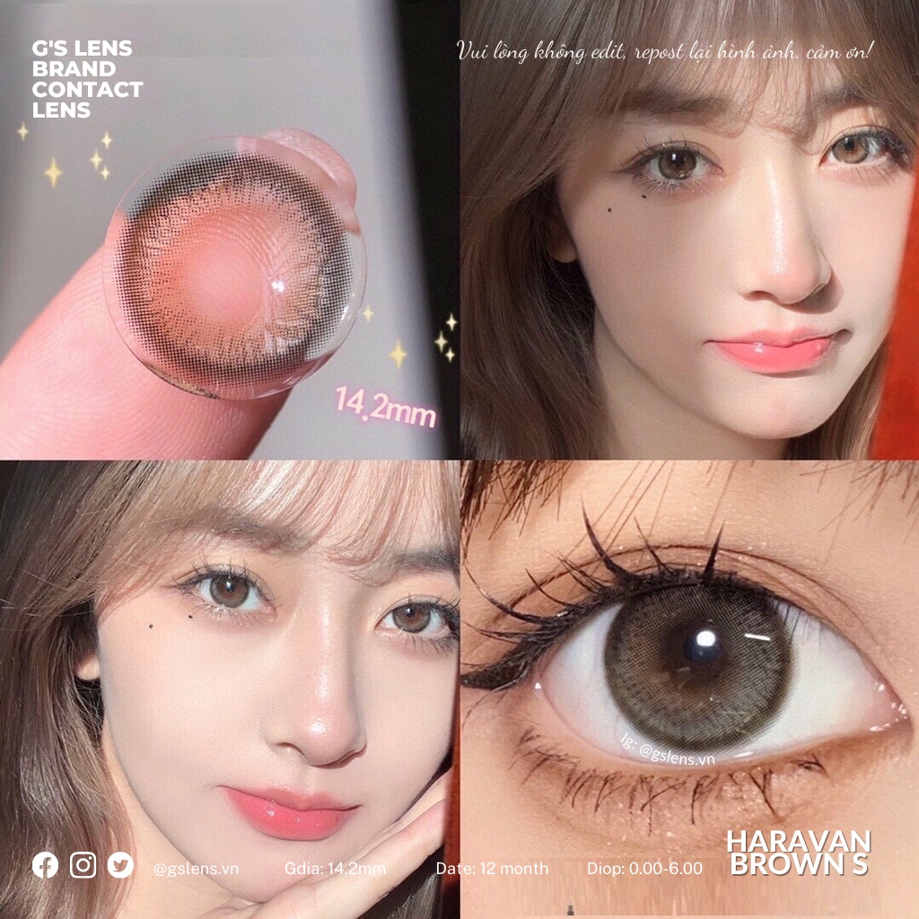 Lens Mắt Kính Áp Tròng Nâu Rêu Tự Nhiên Haravan Brown Giãn Ít Có Từ 0 Đến 7 Độ Lệch Độ Size S 14.2mm