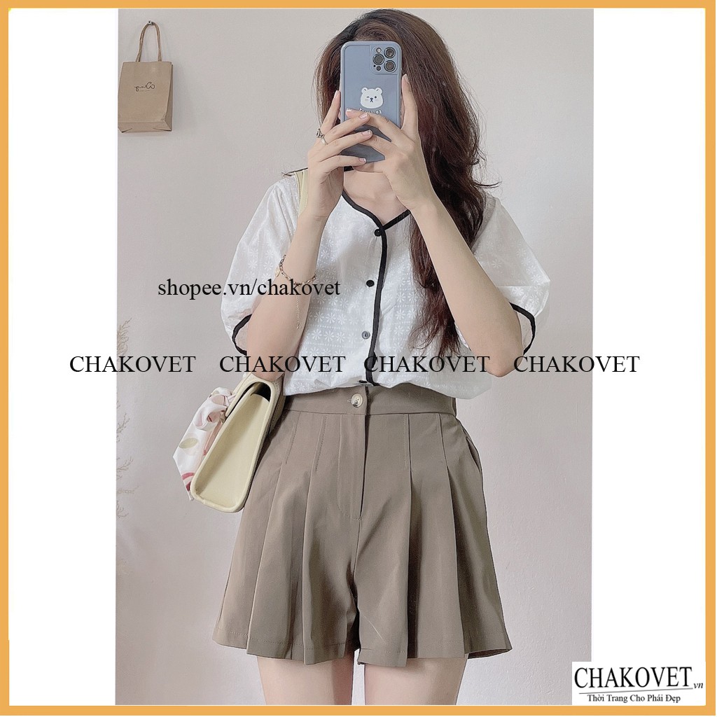 Áo sơ mi nữ tay ngắn trắng CKA860, áo kiểu nữ dễ thương style hàn quốc cổ V vân hoa mặc đẹp dáng xinh áo freesize <53kg | BigBuy360 - bigbuy360.vn