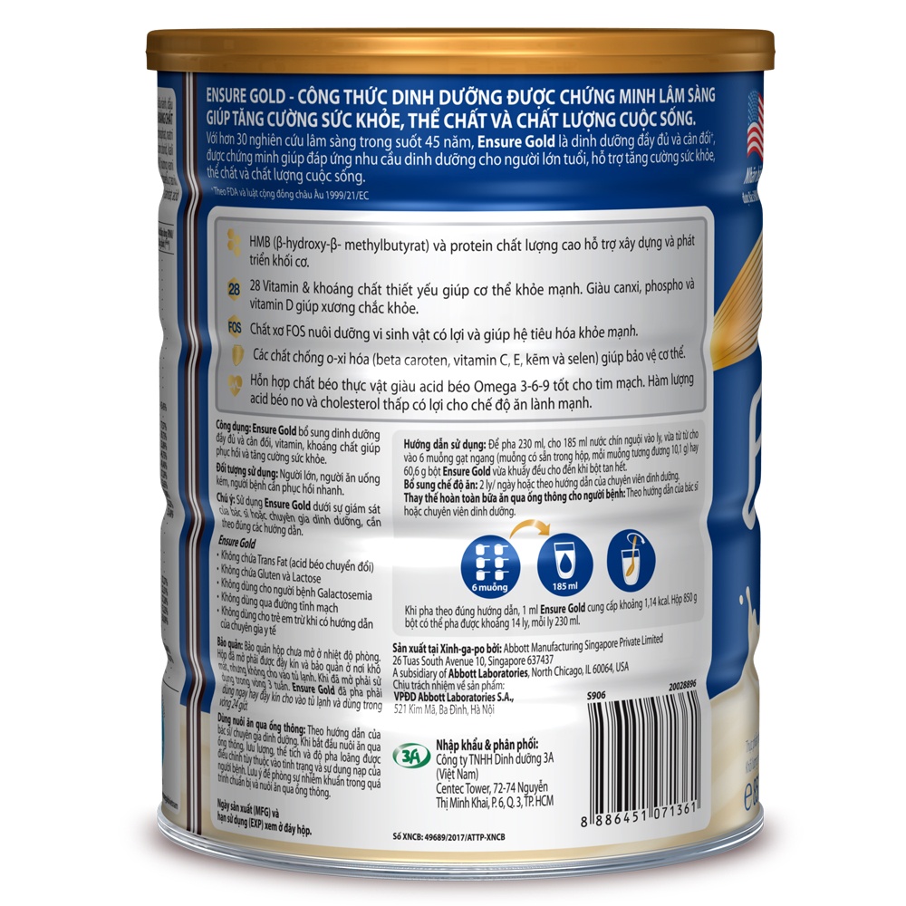 Sữa Bột Ensure Gold  850g Hương Vani, Hàng Sẵn, Date Mới, Chính Hãng