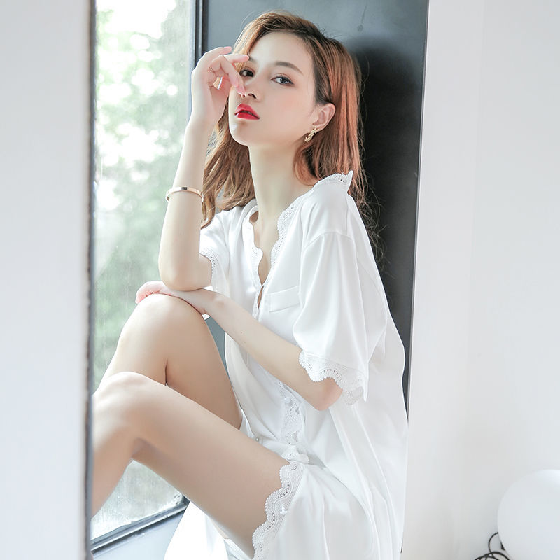 Bạn Trai Gió Ngủ Nữ Mùa Xuân Và Mùa Thu Sexy Áo Sơ Mi Trắng Váy Mùa Hè Chiffon Mỏng Dài Màu Đỏ Kích Thước Lớn Nhà Dịch Vụ