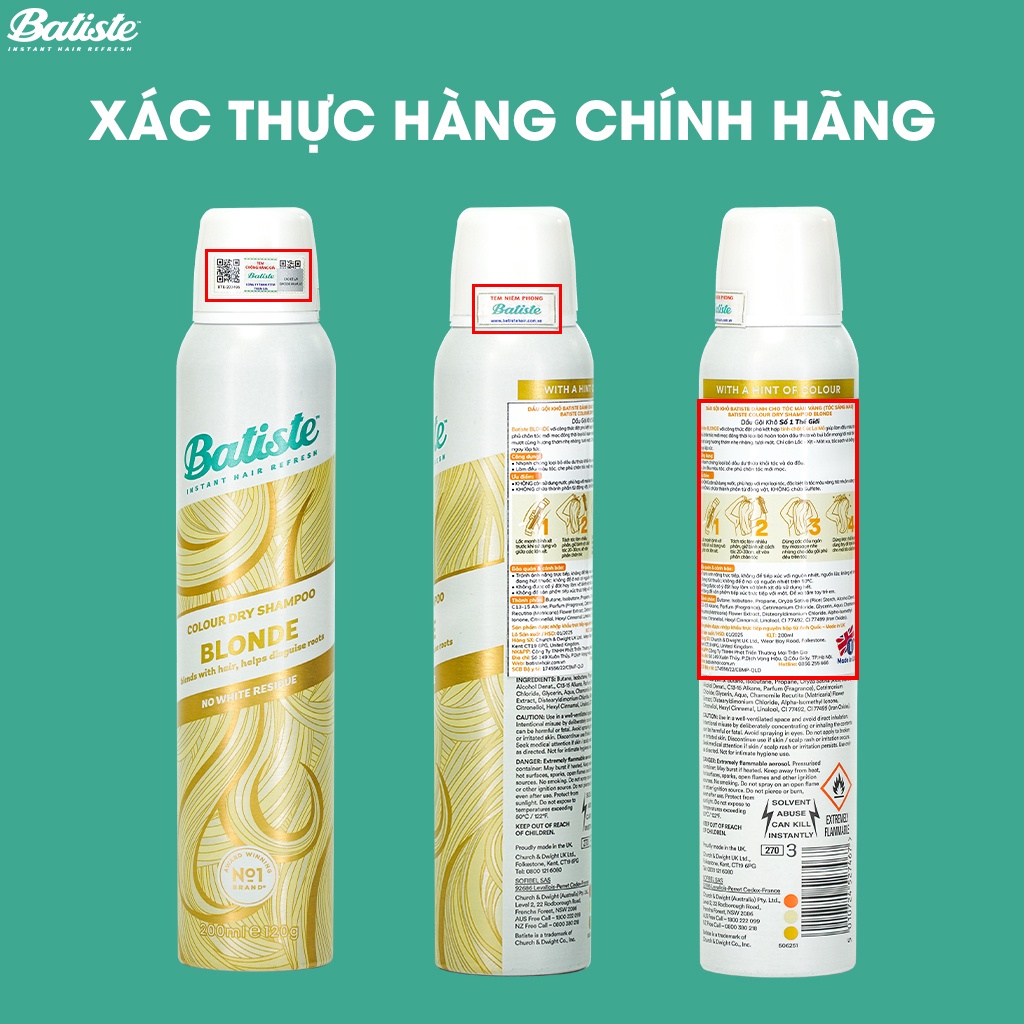 Dầu Gội Khô Batiste Anh Quốc Dành Cho Tóc Vàng, Tóc Sáng Màu - Batiste Colour Dry Shampoo BLONDE 200ml