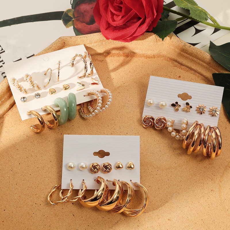 Bộ Khuyên Tai Tròn Phối Dây Xích Kim Loại Vàng Bạc Đính Ngọc Trai Nhân Tạo Thời Trang