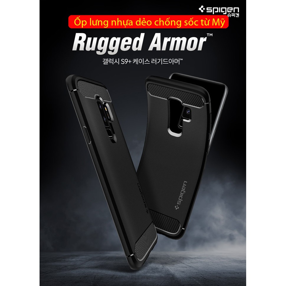 Ốp lưng Galaxy S9 Plus Spigen Rugged Armor nhựa dẻo từ USA - tặng dán lưng Carbon