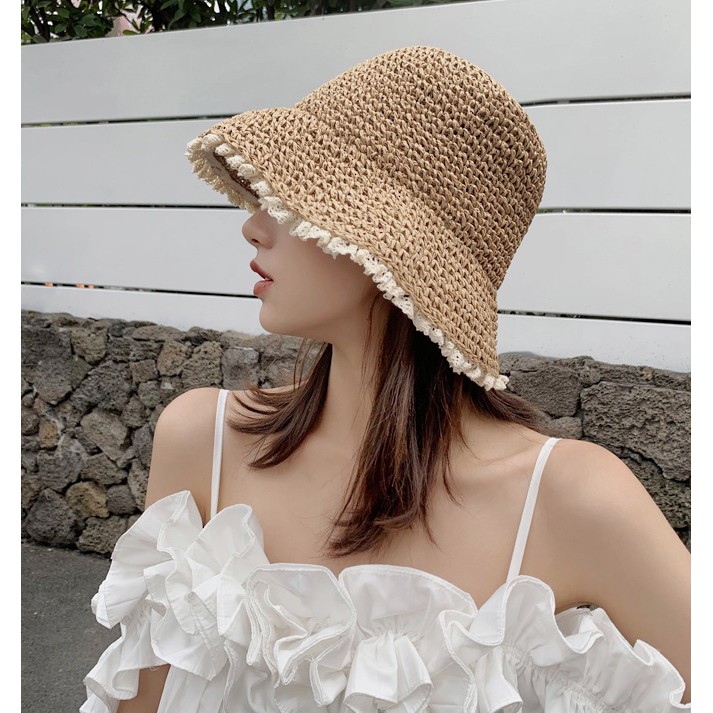 Mũ cói đi biển, nón cói đan thưa viền ren - tiemcuaxu