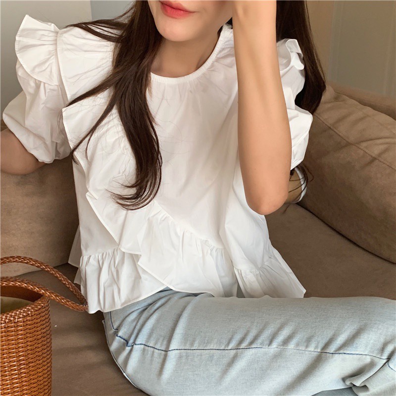 Áo Sơ Mi Trắng Tay Ngắn Cổ Tròn Nhún Bèo 44606