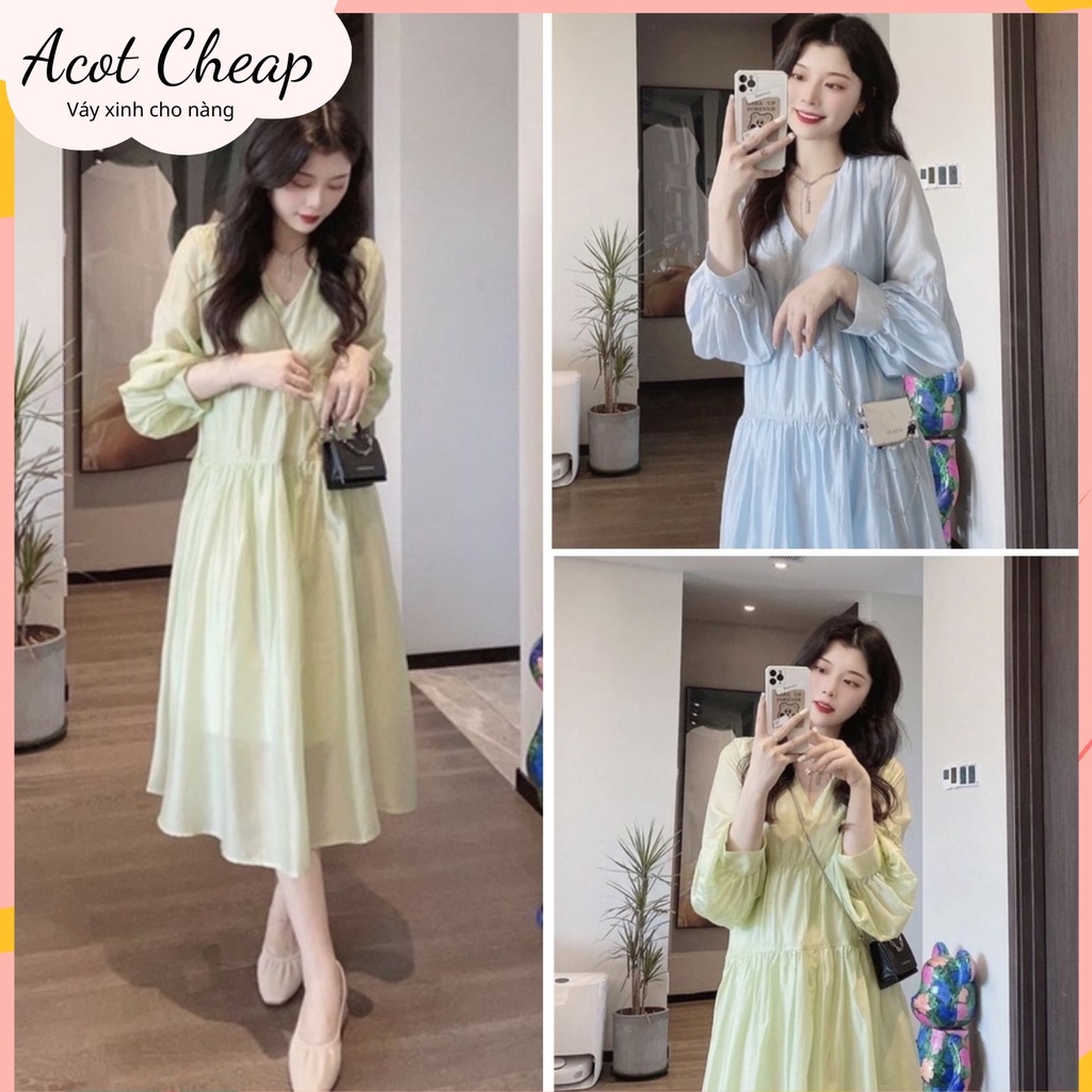 Váy babydoll tiểu thư dài tay cổ v dáng xoè chất đũi hàn - Đầm công sở thanh lịch dáng dài bo tay sang chảnh