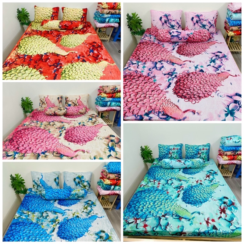 Bộ ga và vỏ gối thun Hàn mẫu con công