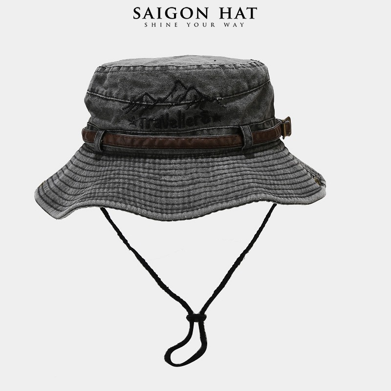 Mũ bucket nam nữ nón tai bèo có dây rút rộng vành che nắng nút bấm jean Traveller cao bồi năng động du lịch camping