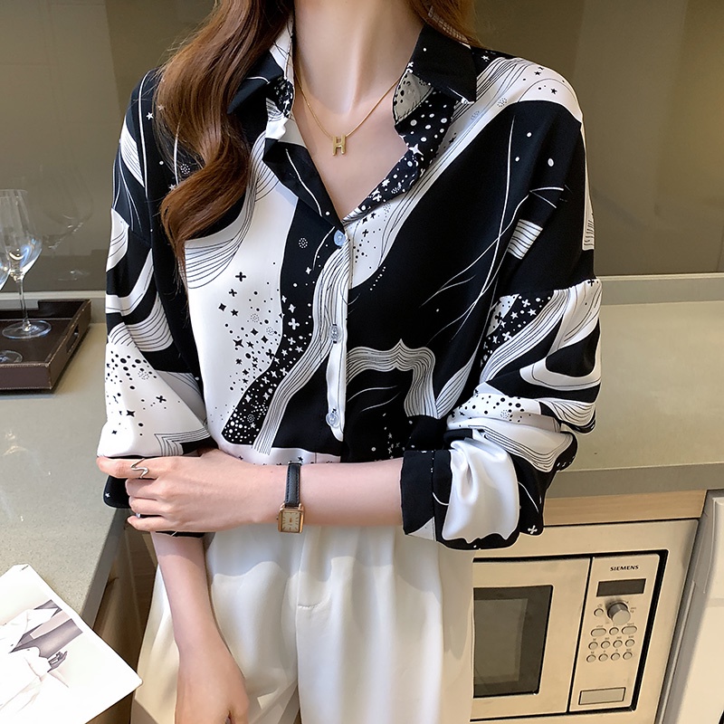 Áo Sơ Mi Đen Tay Dài In Họa Tiết Ngôi Sao Thời Trang Cho Nữ