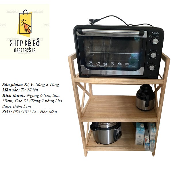 Kệ Lò Vi Sóng Gỗ Cao Su 3 Tầng 64cm
