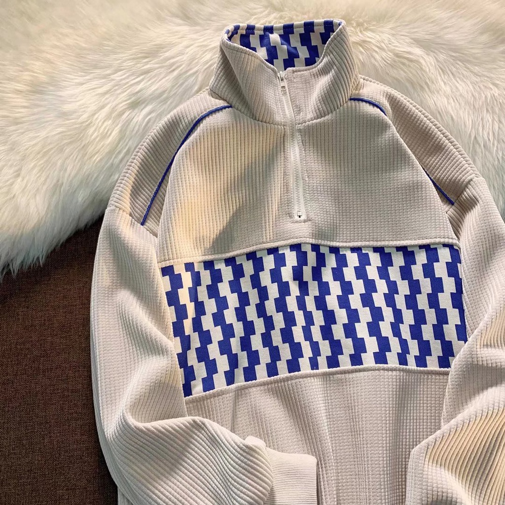 Áo Sweater Tay Dài Cổ Lọ Có Khóa Kéo Họa Tiết Sọc Caro Phong Cách Đường Phố Cho Nam ÁO ThờI Trang KhoáC Gió Unisex Nam ChấT