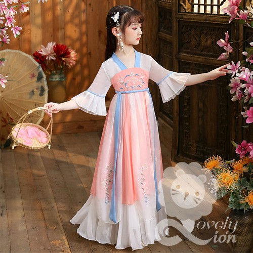 Bộ hán phục công chúa màu hồng cam