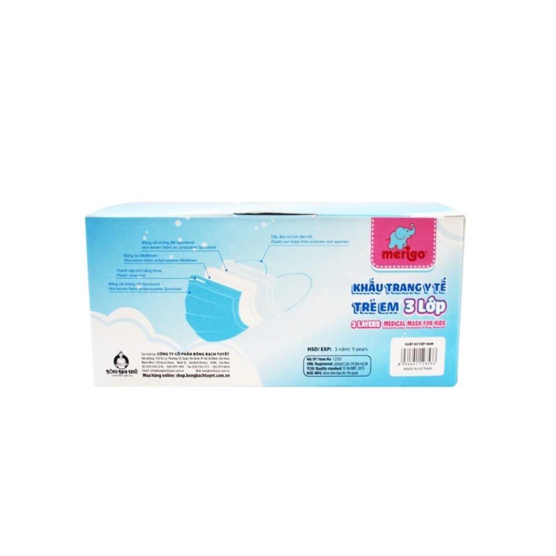 Khẩu trang y tế kháng khuẩn trẻ em Merigo / Bông Bạch Tuyết - Hộp 30 cái 3 lớp ngăn bụi, khuẩn, hình hoa văn dễ thương