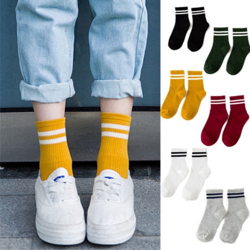 Vớ cotton màu trơn kẻ sọc phong cách cổ điển Hàn Quốc cho nữ