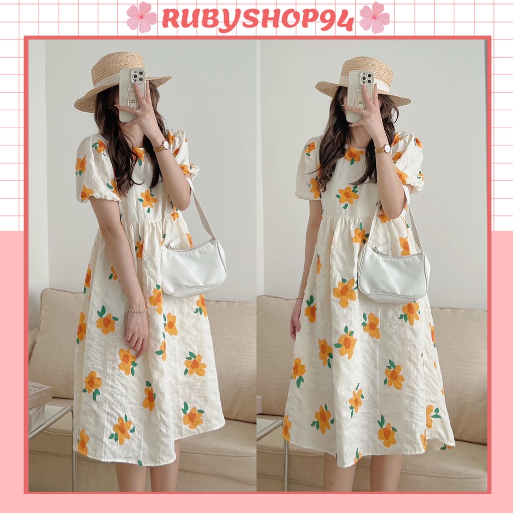 Váy babydoll tiểu thư dáng xòe tay bồng họa tiết hoa cam vải xốp