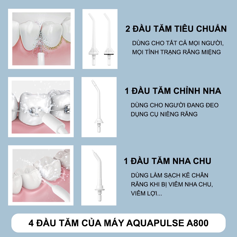 Máy tăm nước cho người niềng răng Aquapulse A800 - Bộ combo gồm 6 đầu tăm