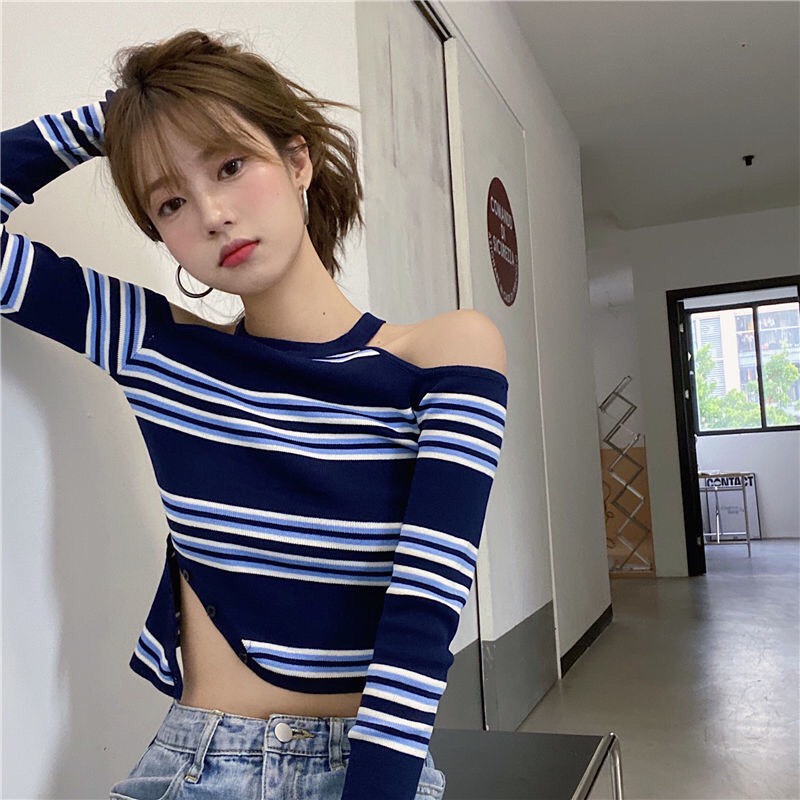 𝑨́𝒐 𝒌𝒉𝒐𝒆́𝒕 𝒗𝒂𝒊 𝒕𝒂𝒚 𝒅𝒂̀𝒊 kẻ sọc ngang xanh dương phối trắng (Hàng Quảng Châu)