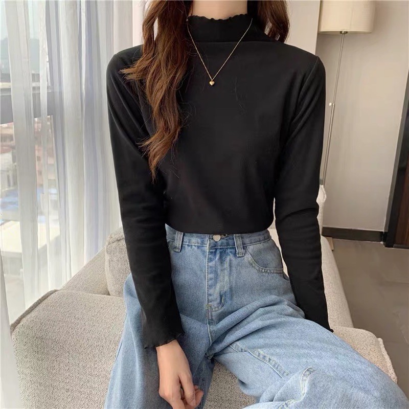 Áo thun cổ cao nhún bèo