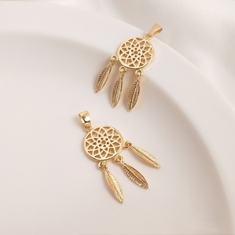 [little Blu] Mặt Dây Chuyền Hình Bông Hoa Lông Vũ Phối Tua Rua Bằng Đồng 14K Màu Vàng Đồng Cao Cấp Làm Mặt Dây Chuyền Phong Cách Mori