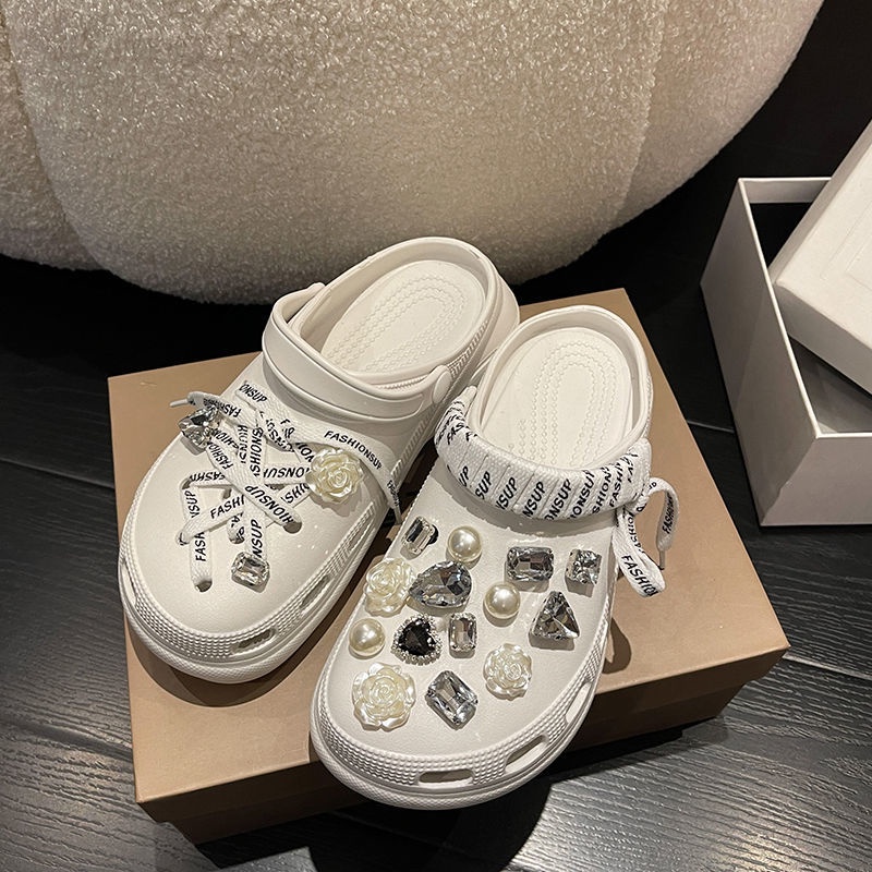 2023 Crocs Giày Nữ Dép Quai Ngang Đính Kim Cương Giả Đế Dày Tăng Chiều Cao Chống Trượt Thời Trang