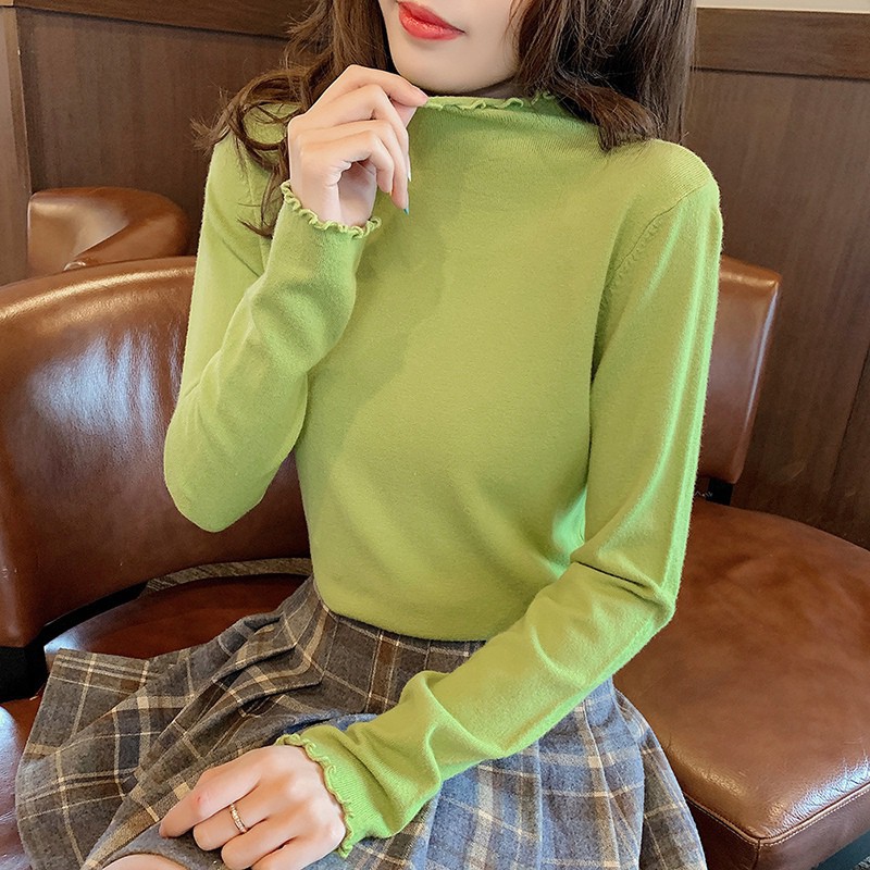 Áo thun tay dài màu trơn cổ lọ dáng rộng