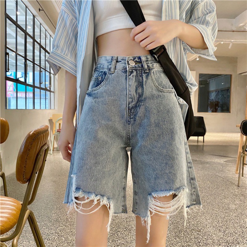 Quần Jeans lửng lưng cao rách tua thời trang